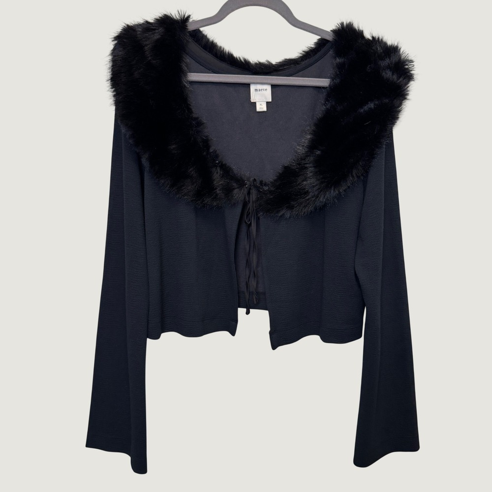 Maeve Faux Fur Collar Cardigan XL Black Tie Front Cropped Mob Wife Whimsigoth
